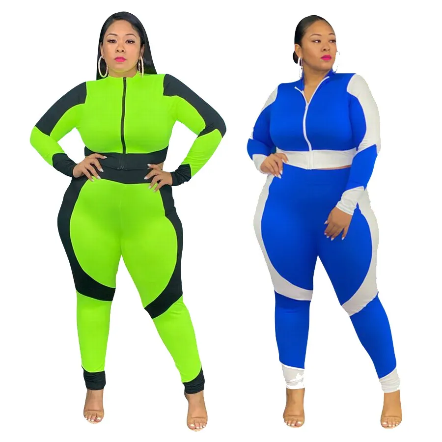 

Foma CY1626 fall 2021 plus size 5XL sports wear contrast color two piece set women long sleeve jacket and pencil pants, 2 colors