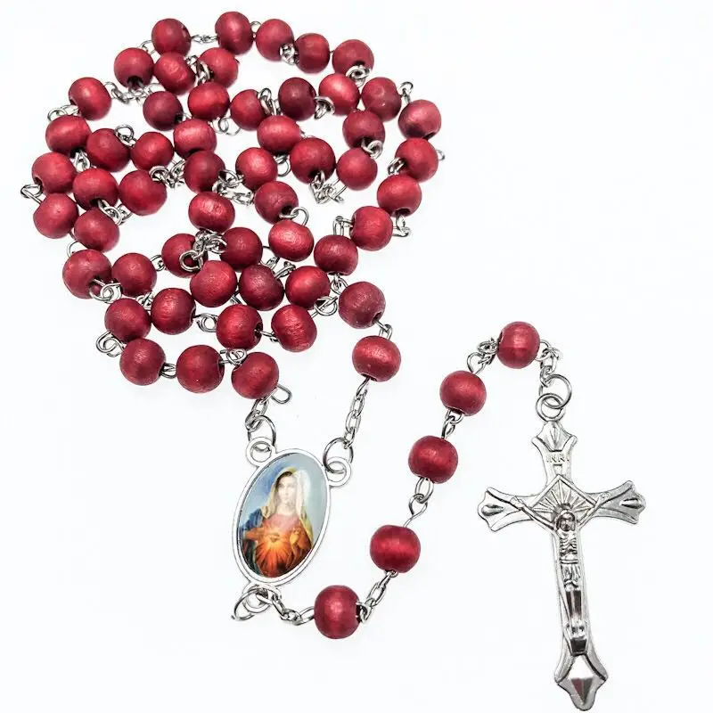 

7mm wood perfume rosary, Virgin Mary rosario, catholic necklace with rose fragrance, Red