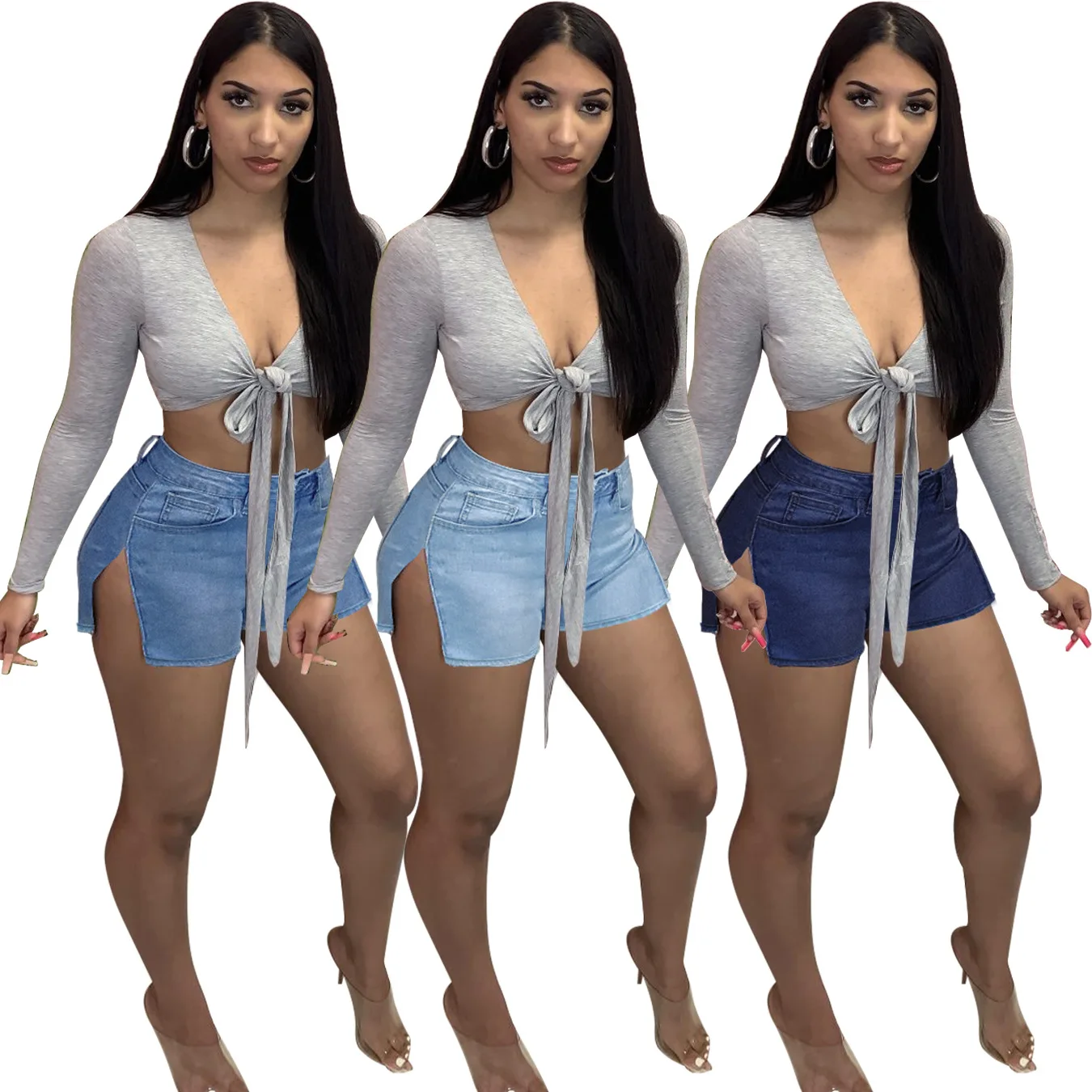 

Plus Size 3XL Woman High Waist Split Bottom Denim Shorts Solid Color Short Jeans