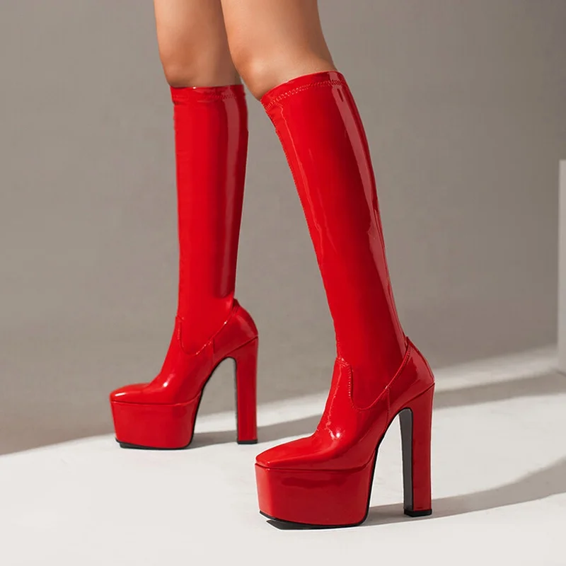 

Newest Styles Square toe High Platform Knee Boots for Women Mirror Patent Leather Long High-heeled Chunky Booties