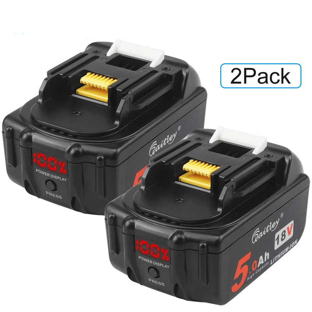 

Waitley 2Pack 18V 5.0Ah Replacement Battery for Makita 5000mah BL1830 BL1840 BL1850 BL1860 Battery with LED Power Display 18v 5A