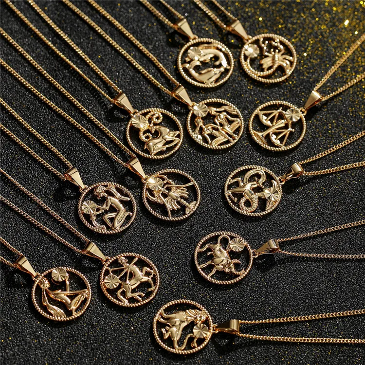 

12 Constellation Pendant Gold Plated Horoscope Zodiac Sign Coin Necklace for Women Men Gift