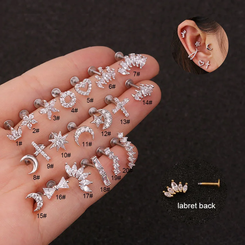 

2021 Stainless Steel CZ Stackable Cartilage Earrings Labret Studs Barbell Lip Nose Body Stud Piercing Jewelry