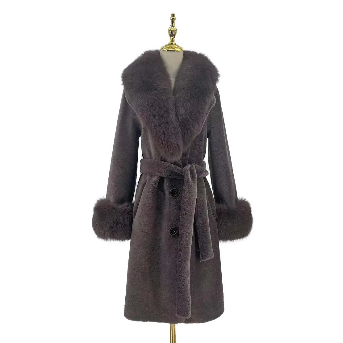 

QIUCHEN QC21157 Winter Warm Fluffy Fur Collar Cashmere Jacket Womens Luxury Shearing Lamb Long Wool Coat, 2 colors