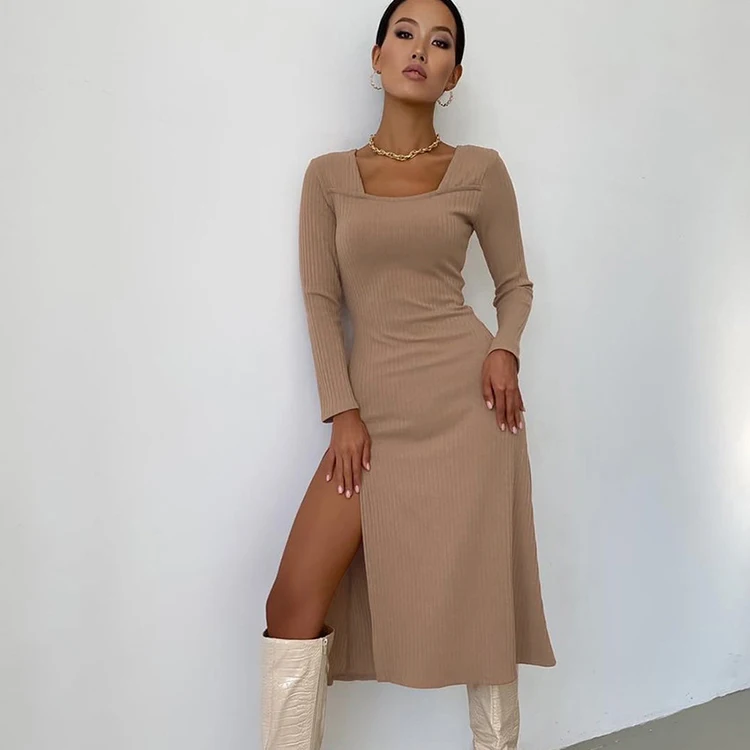 

French Style Early Autumn Ribbed Square Collar Long Sleeve Vestidos Elegantes Khaki Midi Casual Cotton Dress