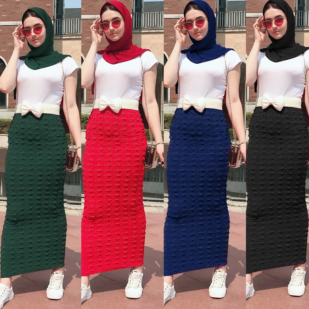 

2019 Winter skirt muslim high waist bodycon maxi pencil long skirt, Dark green, red, navy, black, brown, white, wine red
