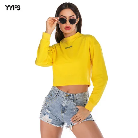 

Women's New Navel Solid Color Round Neck Sweater Women's Long-sleeved Short Casual Loose T-shirt, Picture showed