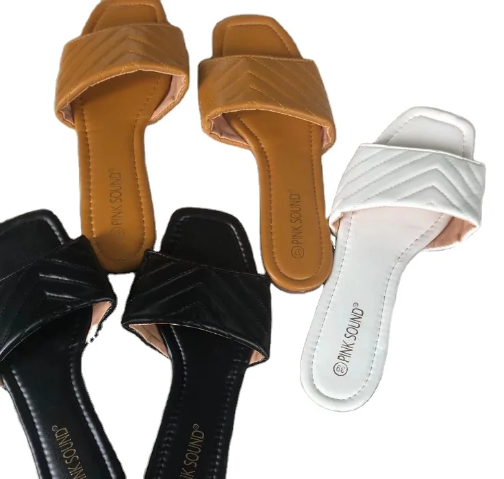 

2021 Women trendy leather PU slide ladies slippers summer flat sandal