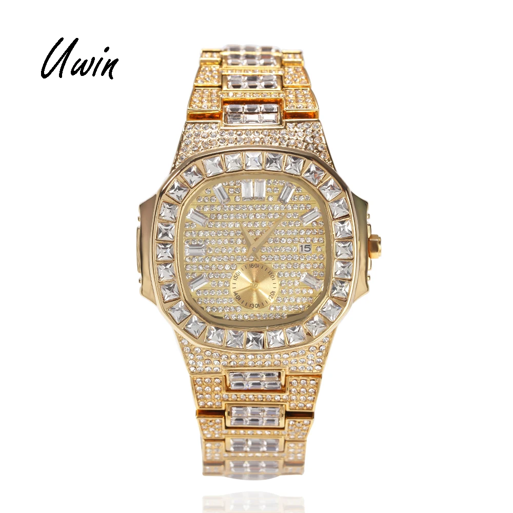 

New Arrival Hip Hop Iced Out cuban Quartz Watch Gold Color Bling Watches for Men