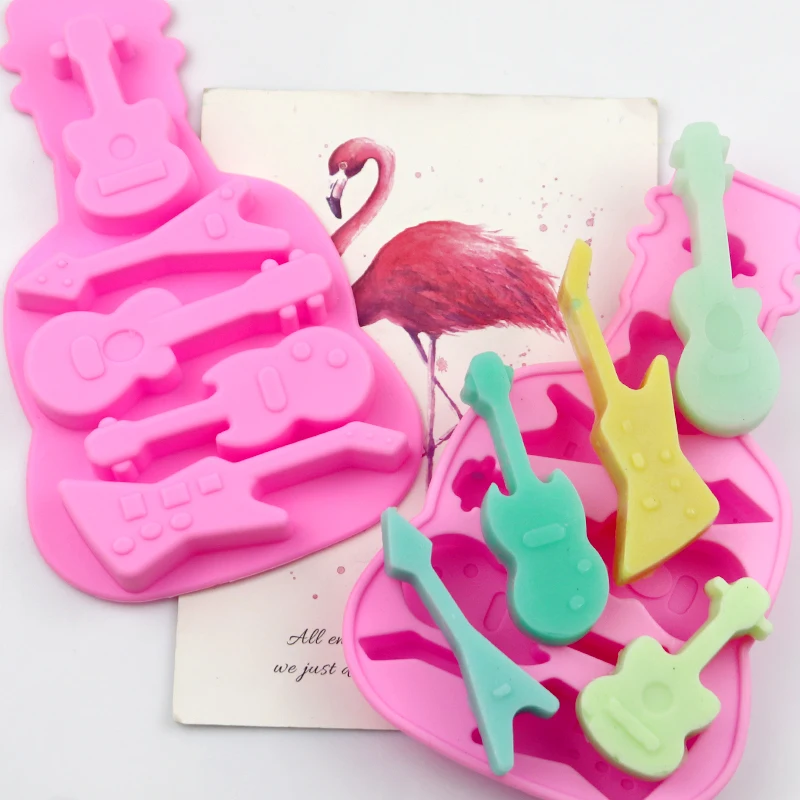 

053 free sample 5 cavity musical instruments guitar shape silicon resin mold, silicon chocolate moulds, silicone ice cube tray, Pink