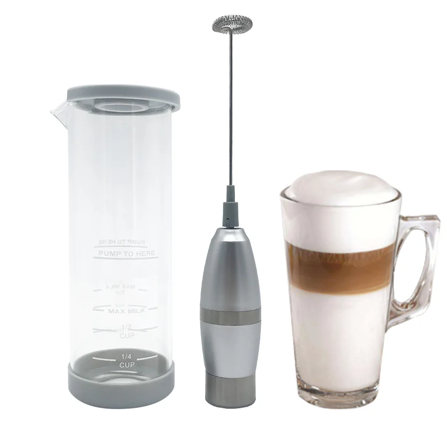 

Portable Hand Make Milk Foamer Electric Glass with Cup Steamer Handheld Milk Frother, Silvery, golden
