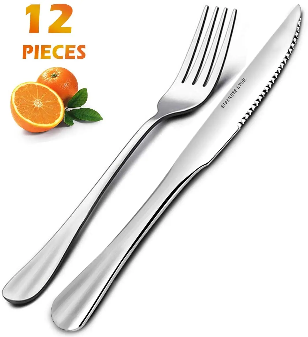 

Hot Sale Food Grade 12Pcs Cutlery Set Table Dinner Fork Serrated Knife Stainless Steel Set Knives Steak Knife, Silver