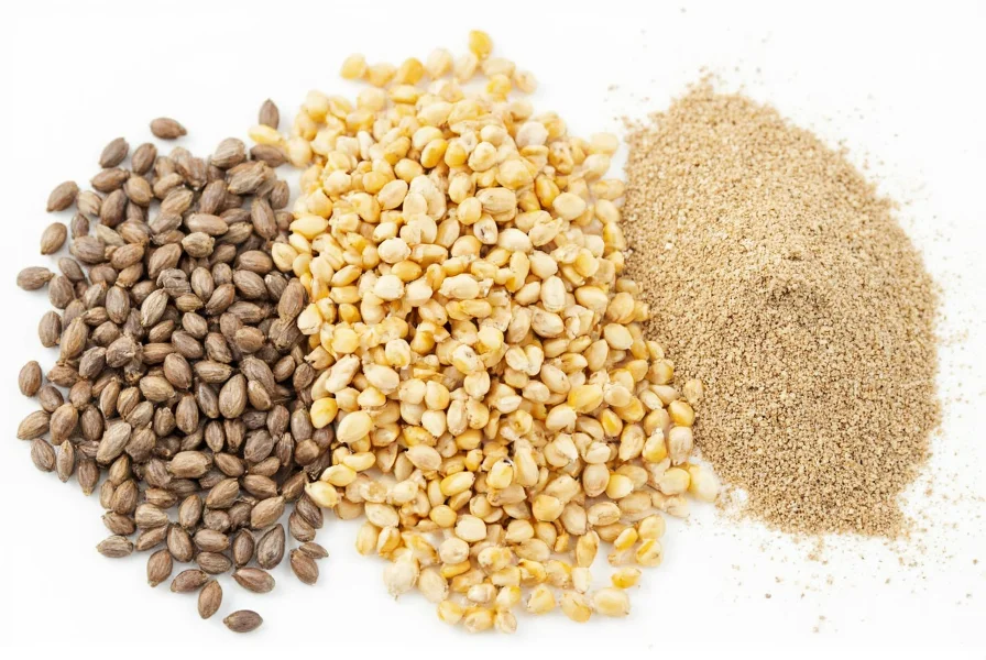 Kümmelsamen in verschiedenen Stadien: ganze Samen, geröstete Samen und frisch gemahlener Kümmel