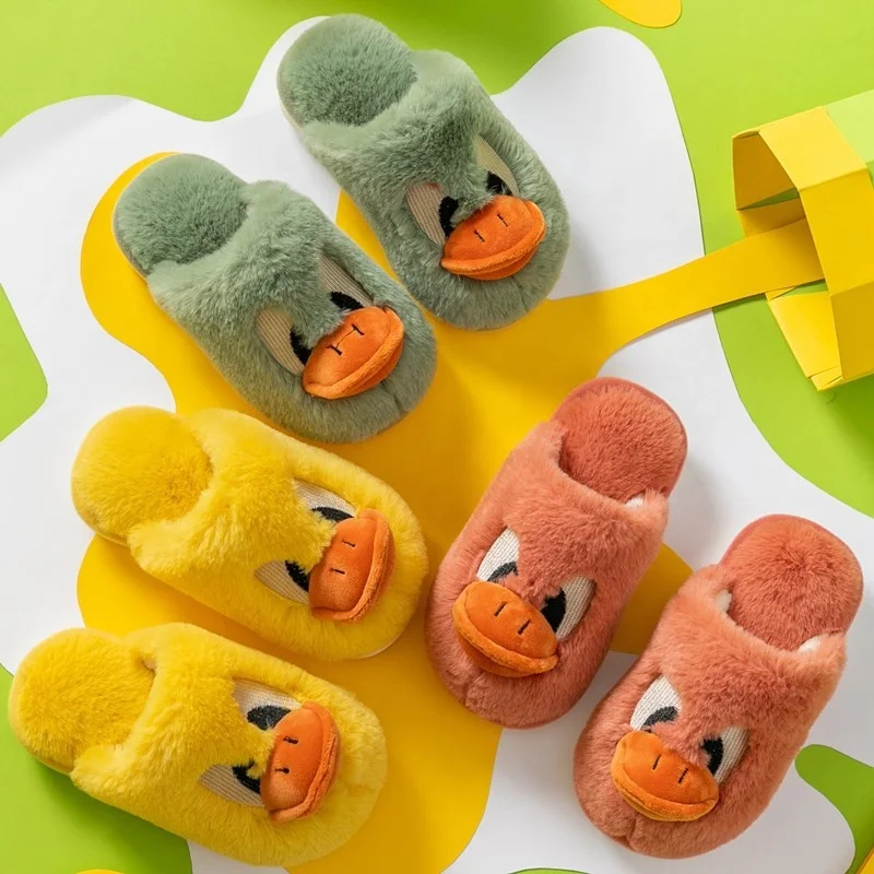 

winter children kids cute animal cartoon duck fuzzy fur fluffy plush warm indoor home slipper