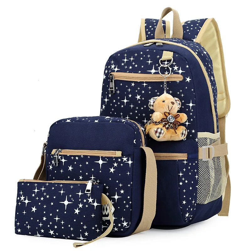 

School Bags for Boys Backpack 3pcs New Design Durable Canvas Wholesale Cheap Soft Kids School Bag Set, Black/blue/pink/purple