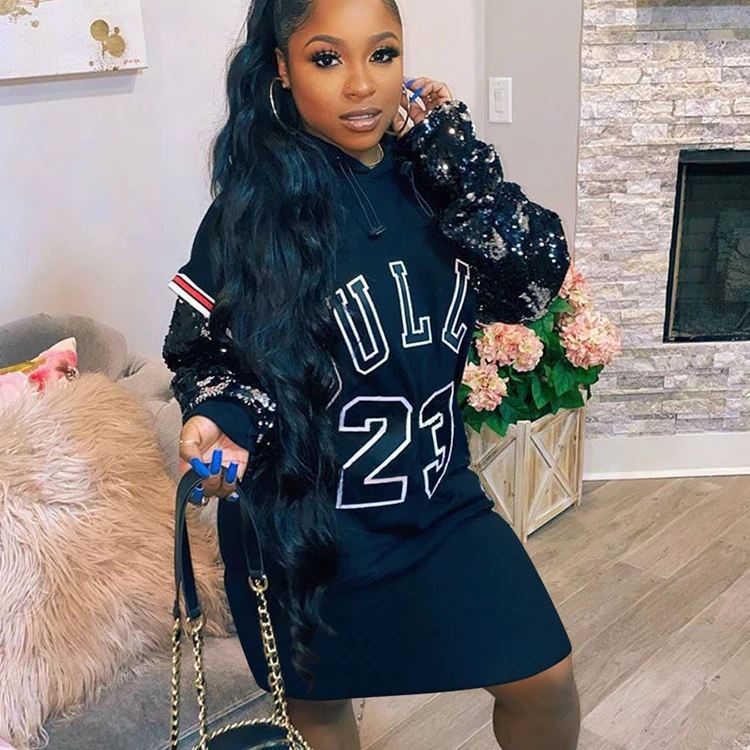 

Spring 2022 Women Fashion Letter Plus Size Clothing Hoodie Long Sleeve Sequin Sweatshirt Shirts Dress Ladies Shirt Dresses, Black