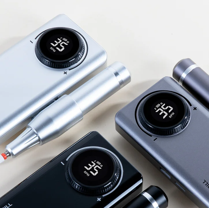 

201 electric cordless 35000RPM Power Bank LCD Screen Large Capacity Battery Professional Nail Drill Machine With Holder Buckle, Gray/silver/black