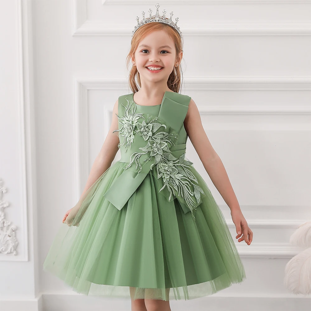 

MQATZ New Evening Party Ball Gown Green Flower Girl Dress Kids Fancy Princess Frock L5150