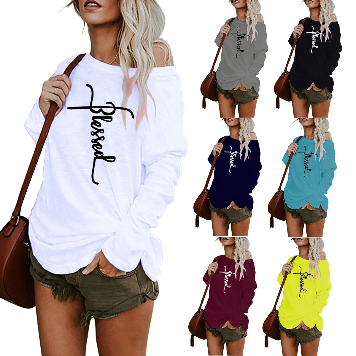 

Hot Sales Women Letter Graphic Tees T-Shirt Wholesale Long Sleeve T Shirt Women, Black, green, gray, purple, white