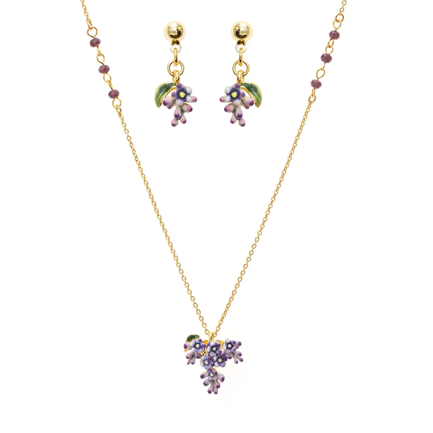 

new arrival delicate indian 14K gold plated enamel flower wisteria necklace earrings jewelry sets