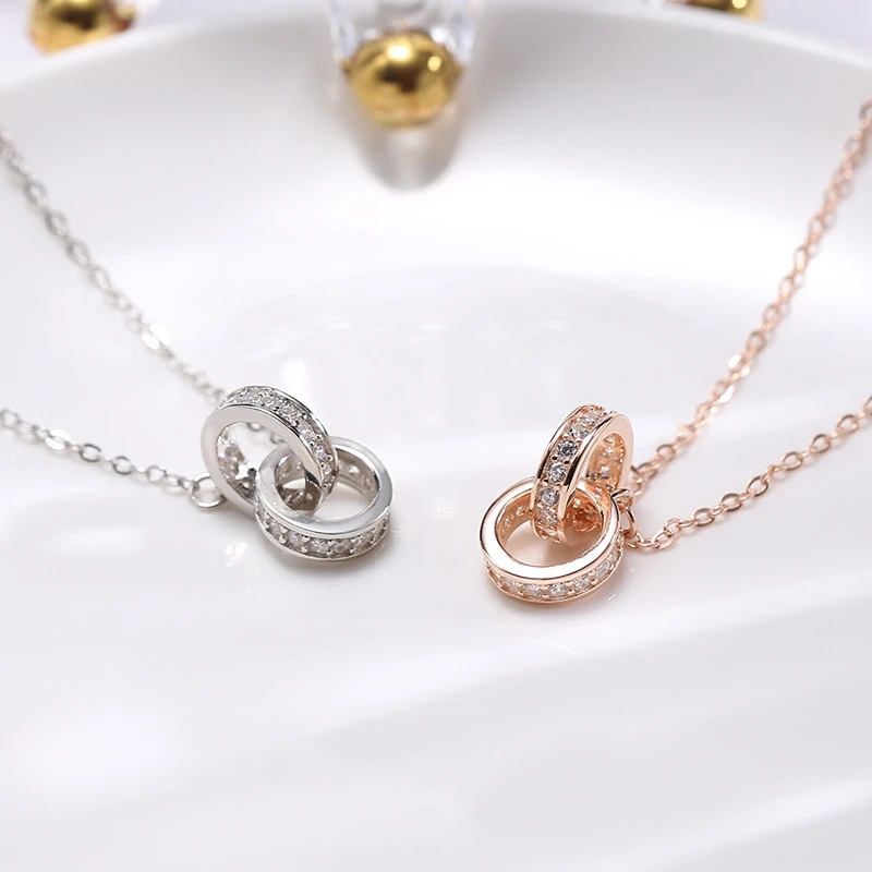 

Simple Classic Women Girls Necklace Jewelry 925 Sterling Silver Necklace Double Circle Pendant Necklace