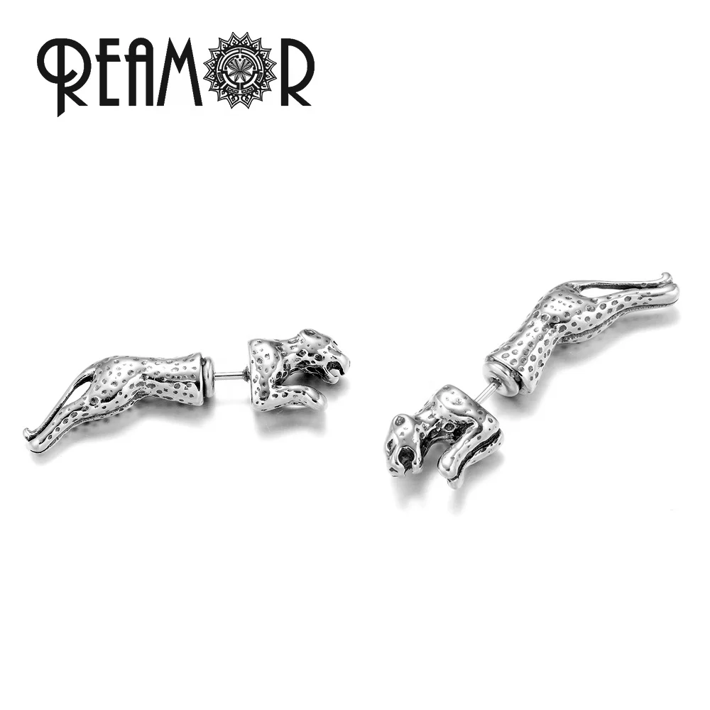 

REAMOR Fancy Running Leopard Animal Stud Earring with Special Leopard Body Earnuts Stainless Steel for Men Jewelry, Silver color