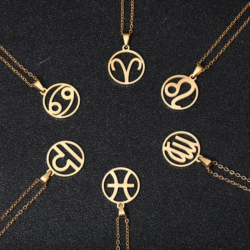 

Wholesale Stainless Steel 12 Constellations Symbol Astrology Horoscope Star Jewelry Gold Plated Zodiac Sign Pendant Necklace, Gold, silver