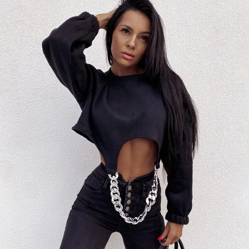 

Dvacaman Trendy 2021 New Arrivals Personalized Women Crop Top Long Sleeve O-neck Pullover Hoodie Shirt With Chain Accessories, Grey black apricot