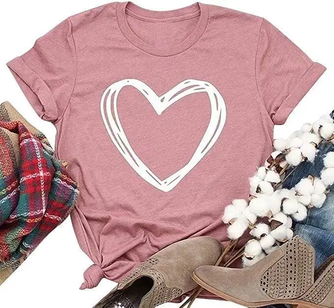 

Women Summer Elegant T shirt Love Pattern Print Tops O-neck Short Sleeve Casual T Shirts, Black, pink,white, red, gray