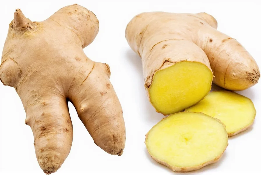Side-by-side comparison of fresh ginger root, powdered ginger, candied ginger, and preserved ginger in glass jars