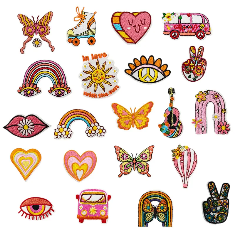 Iron on Embroidery pink Heart Bus Peace Sign rainbow Eyes Guitar Patch for Clothes Hat Decoration