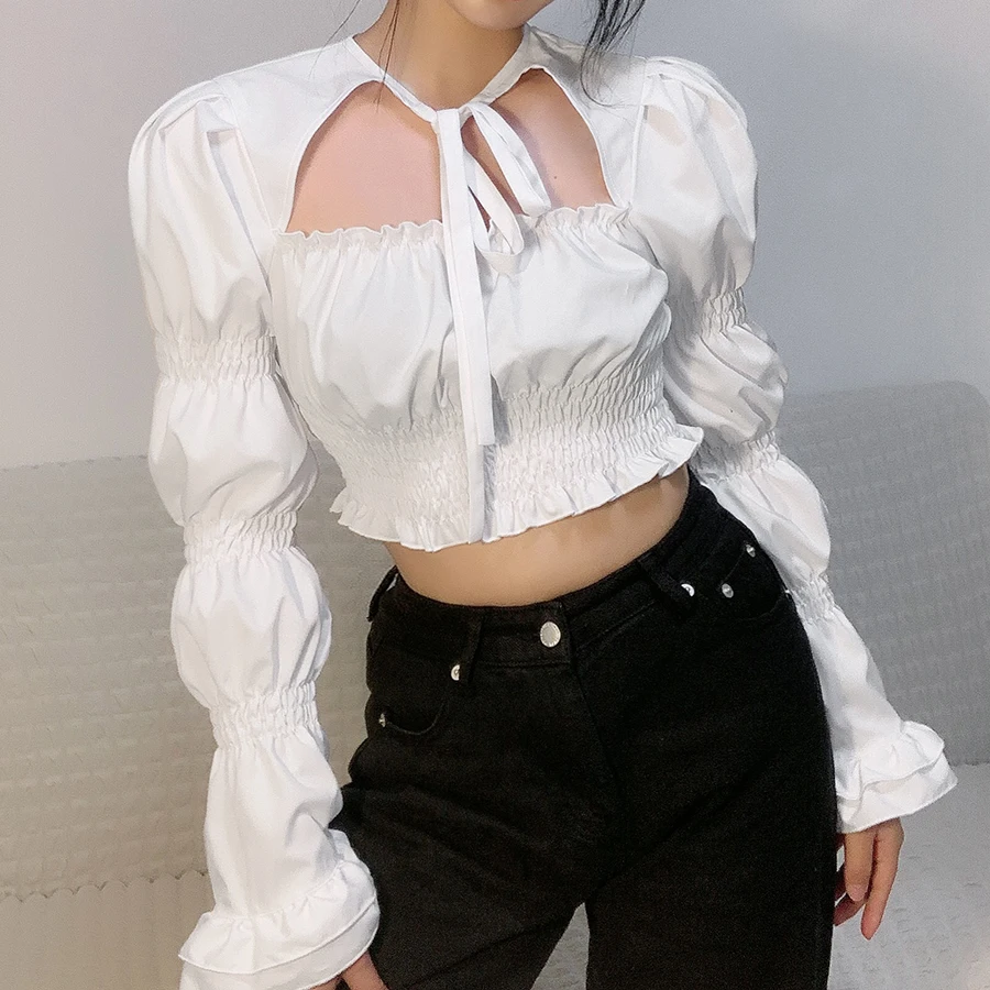 

Nibber K21L00190 Cute Bow Bandage Long Sleeve Slim Womens T Shirt Elegant Simple Solid Female Basic Tee Factory Wholesale Custom