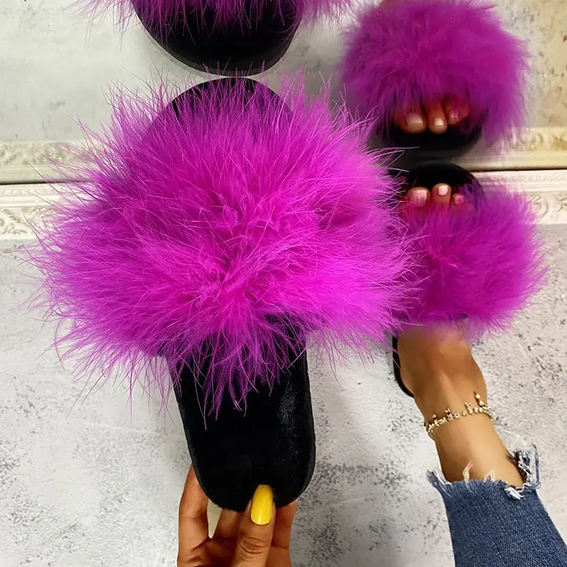 

Hot sale indoor and outdoor women's fur shoes 2021 new home autumn turkey feather color matching plus size fur shoes furry sand, Picture