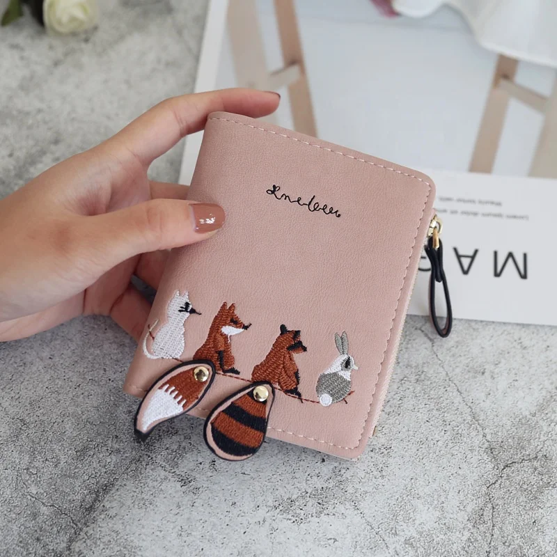 

Hot Selling Embroidery Small Animal Cute Coin Purse Multi-function Two Folding Card Wallet For Women, 4 colors