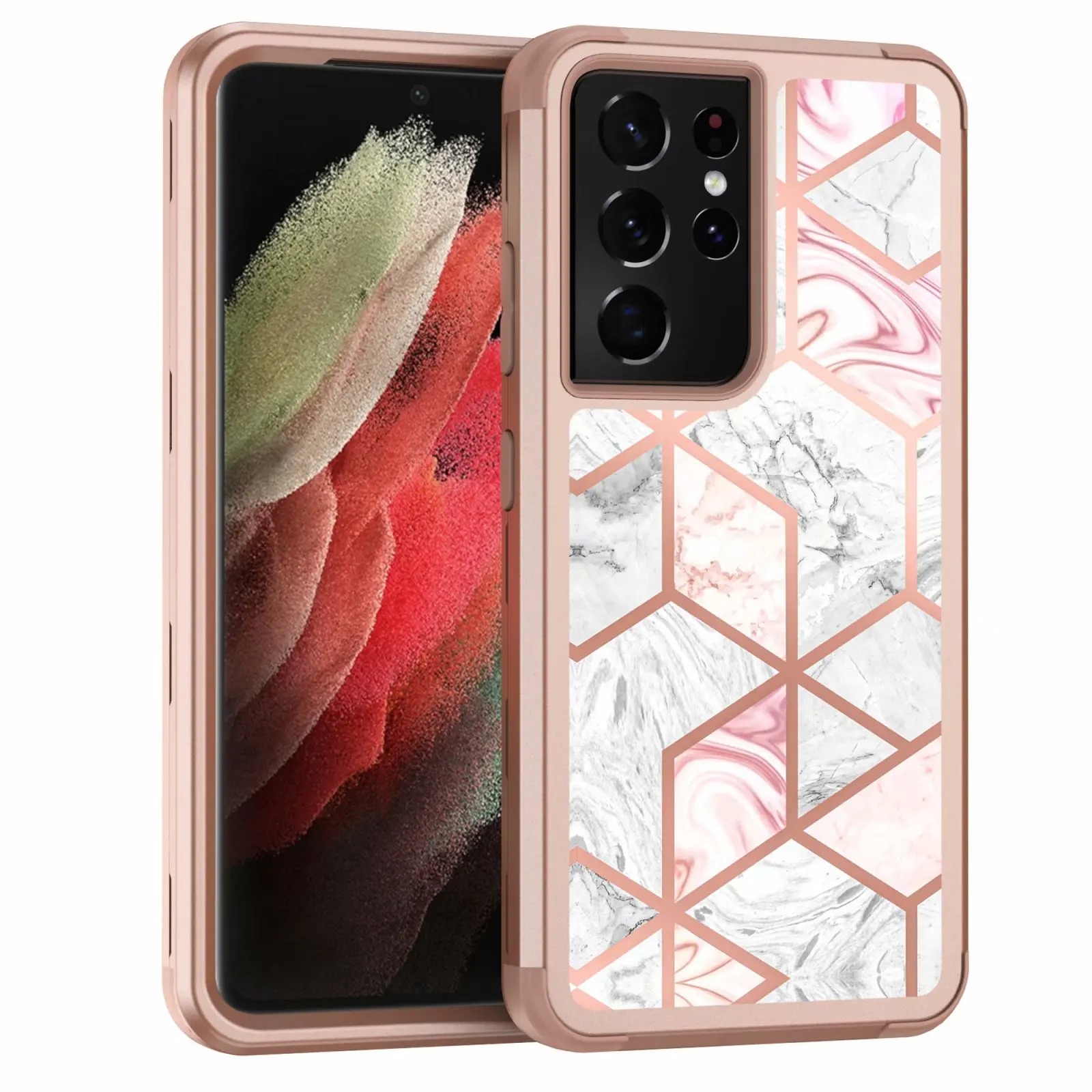 

2021 Shockproof Electroplating Gold Pink Marble PC SILICON Mobile Phone Cover For Samsung S21 ULTRA Case, 5 colors