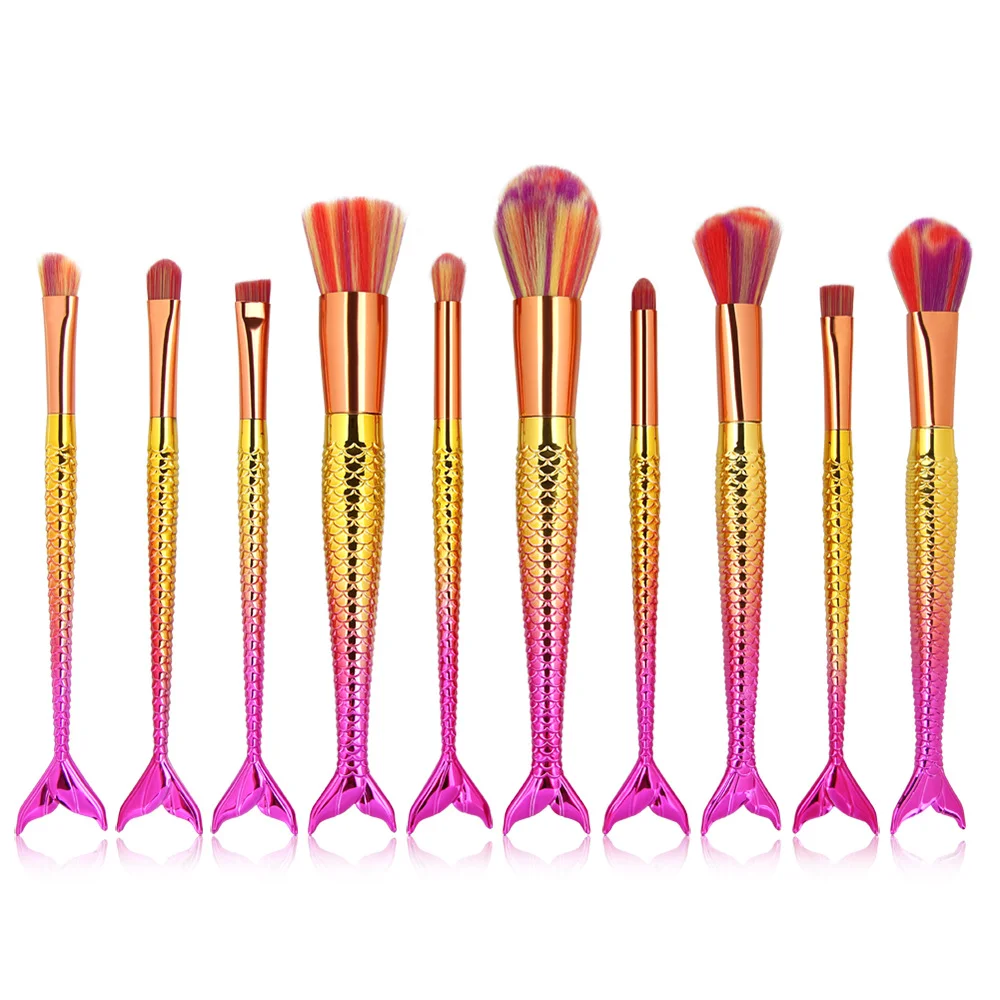 

Fashion Multi Color 10pcs Mermaid Gradient Makeup Brush Set Nylon Hair Plastic Handle Beauty Brushes With Opp Bag