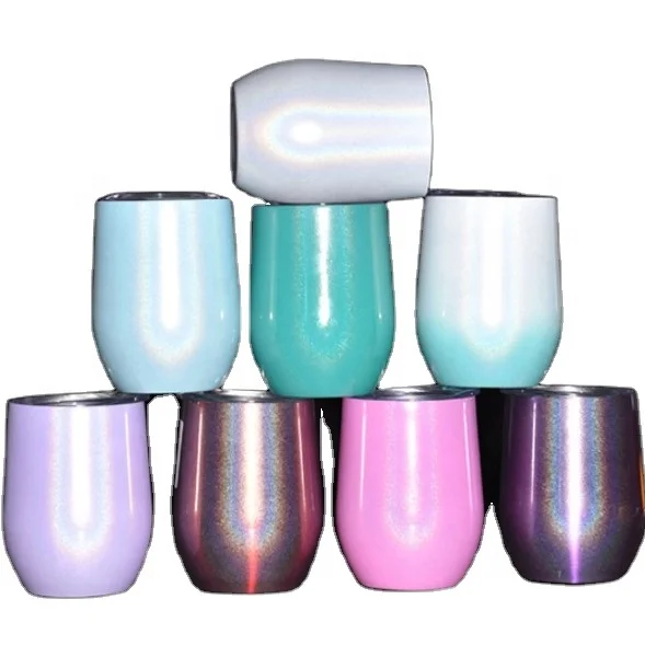 

11 Colors! Stainless Steel 12oz Double Wall Insulated Vacuum Glitter Wine Tumblers with Lid Sublimation Blank Wine Mugs