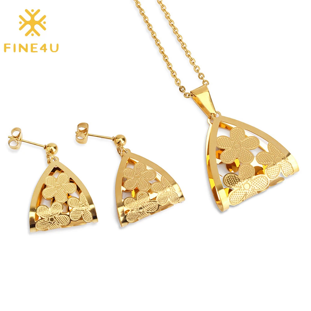 

Ethnic women 18k gold plated stainless steel triangle hollow petal flower necklace earrings bride wedding dubai jewelry sets