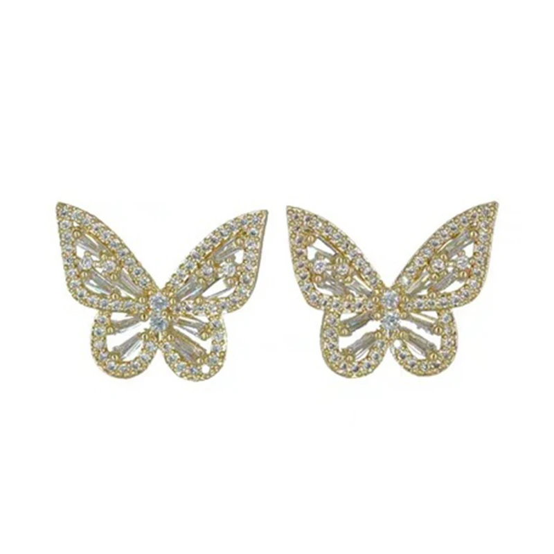 

925 silver needle pin Korean fashion temperament super fairy simple full diamond butterfly hollow diamond earrings