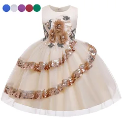 New Style Sequin Flower 3-9 Years Girl Birthday Party Wedding Gown Children Dresses