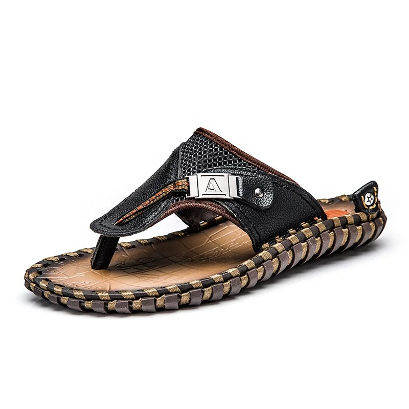 

2021 Spring/Summer New Men's Casual Beach Slippers First Layer Leather Flip Flops Large Size Wholesale, Black,brown