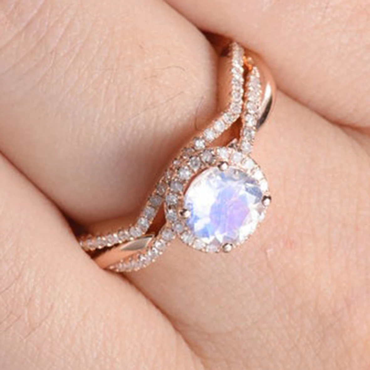 

Classic Brilliant 925 Sterling Silver Natural Moonstone Ring Bridal Ring Promise Gift, Gold