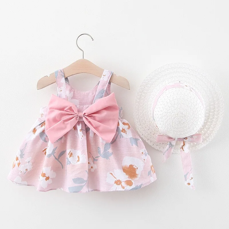 

New fashion toddler Girls summer floral printed sleeveless sweet dress with hat, Picture shows