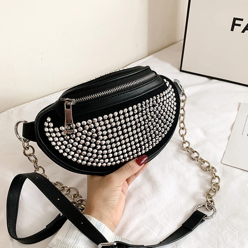 

2021 Fashion diamond single shoulder waist bag crystal clutch purses girls black rhinestone fanny pack for women