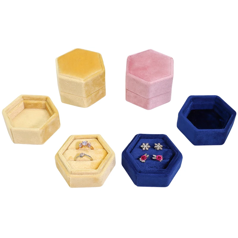 

Surprising Pretty Small Hexagon New Velvet Luxury Wedding flip top Ring Gift Box Custom Jewellery Packaging Ring boxes, Blue/yellow/pink