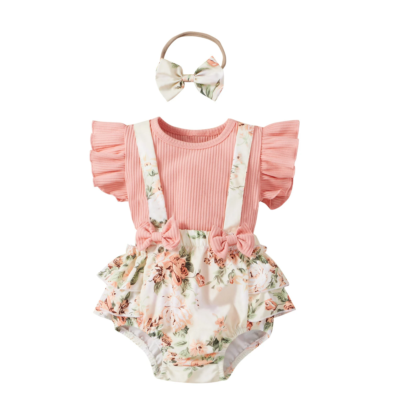 

Baby Romper Garden And Field Style Floral Print Flying Sleeves On Shoulders Cotton And Polyester Baby Girl Clothes, 3 colors