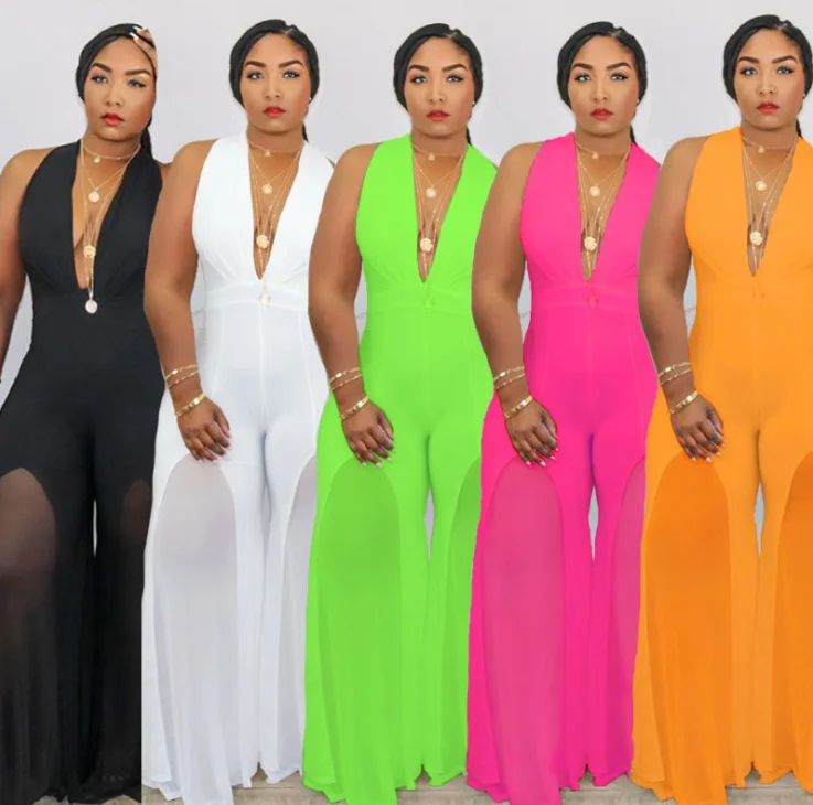 

2021 Summer Wide Leg Backless Sexy V Neck Plus Size Jumpsuit For Women, 1 color
