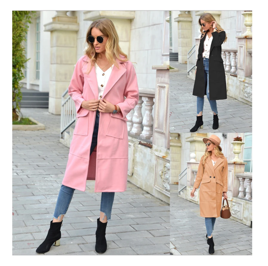 

Over size long cardigan fashion button solid color pocketed fall winter womens blazer coats