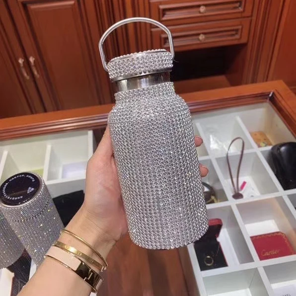 

Seaygift new handmade design double wall thermos flask diamond bottle girls stainless steel vaccum insulated water bottle, Silver