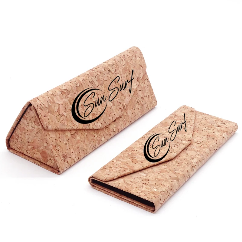 Durable Triangle Folding Sunglasses Case Iron Lining Printed Logo Protective Cork Microfiber Liner Customizable Glasses Storage
